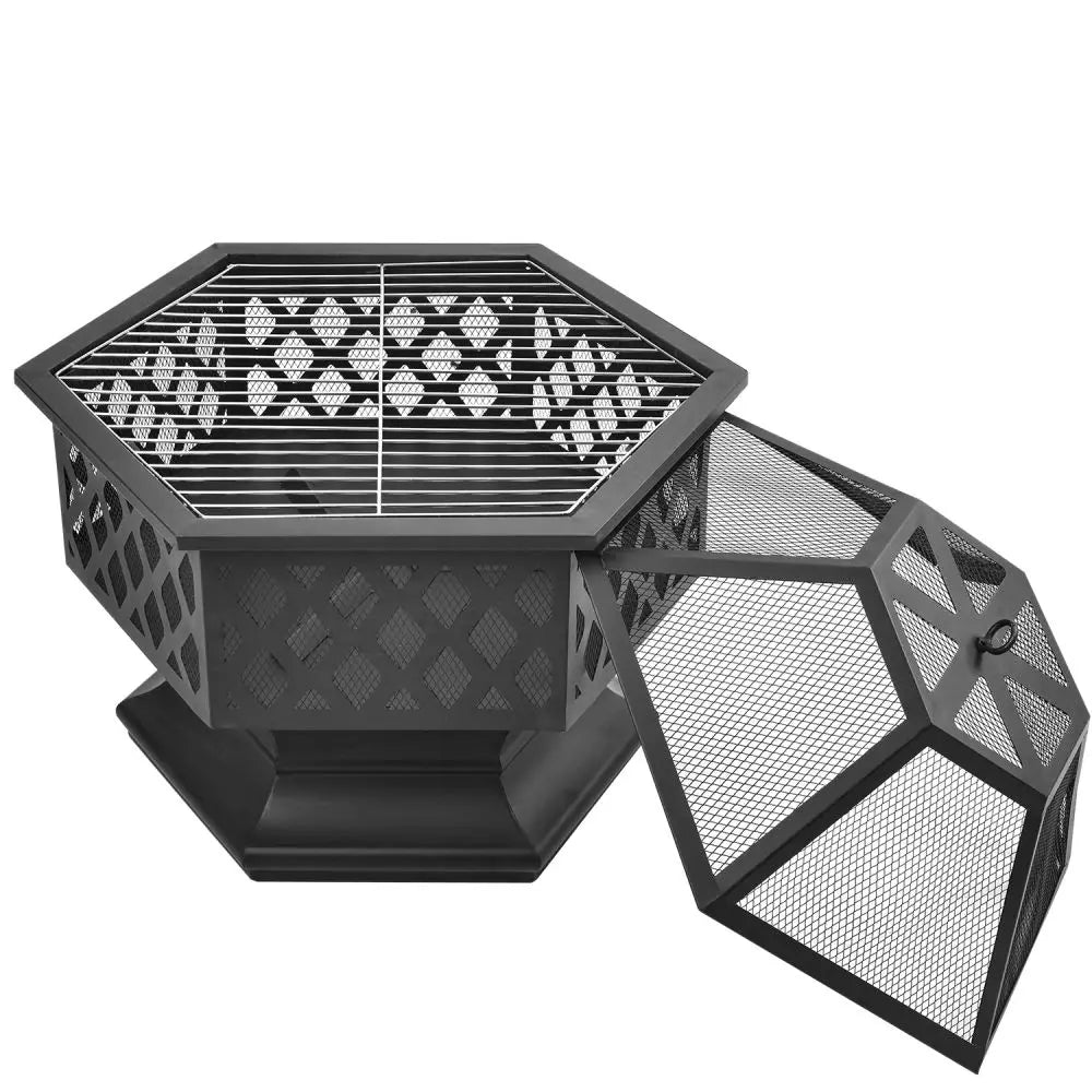 Fire Pit for Garden & Patio, Hexagonal Steel Heater/Burner for Wood&Charcoal, W/ BBQ Grill, Spark Guard, Poker&Protective Cover