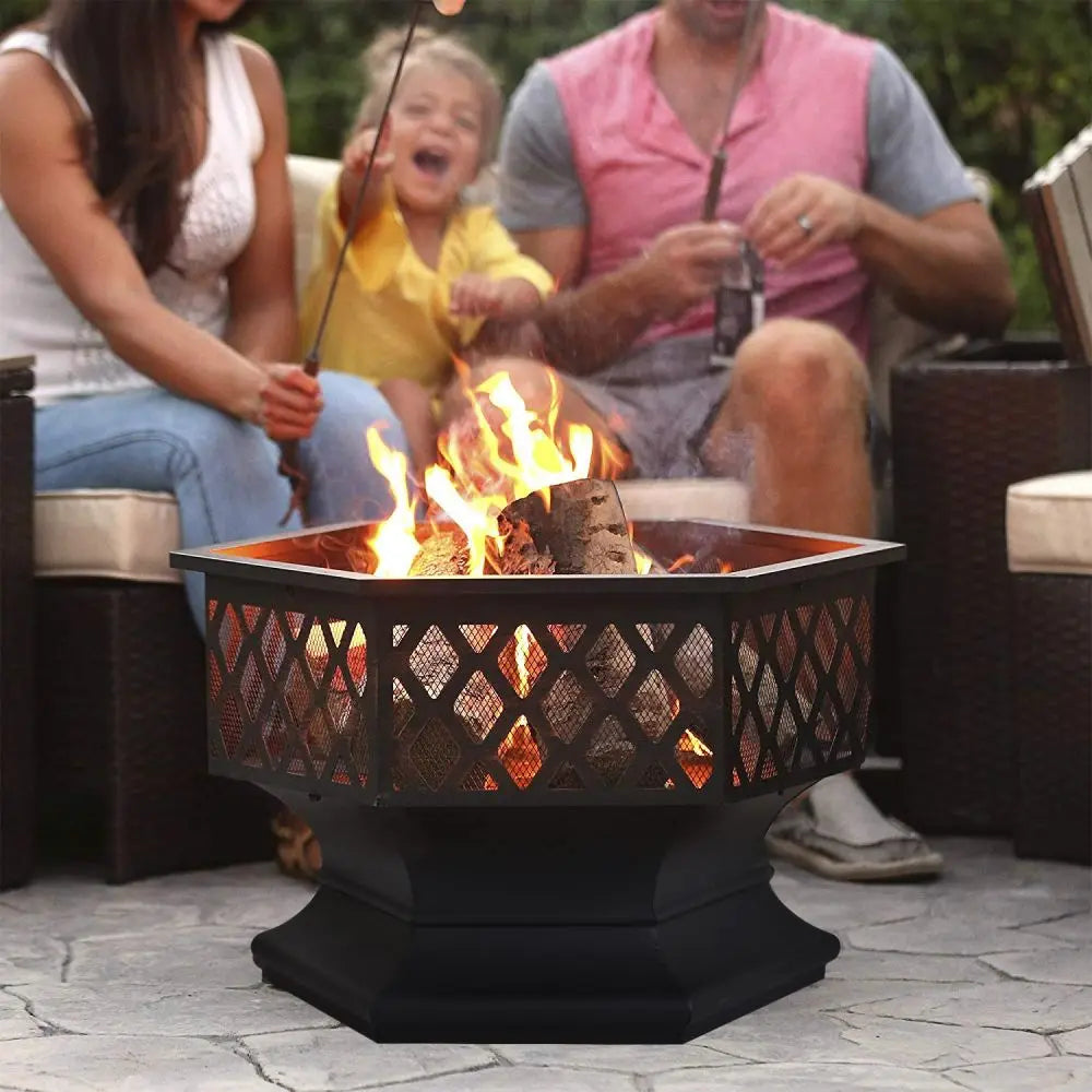 Fire Pit for Garden & Patio, Hexagonal Steel Heater/Burner for Wood&Charcoal, W/ BBQ Grill, Spark Guard, Poker&Protective Cover