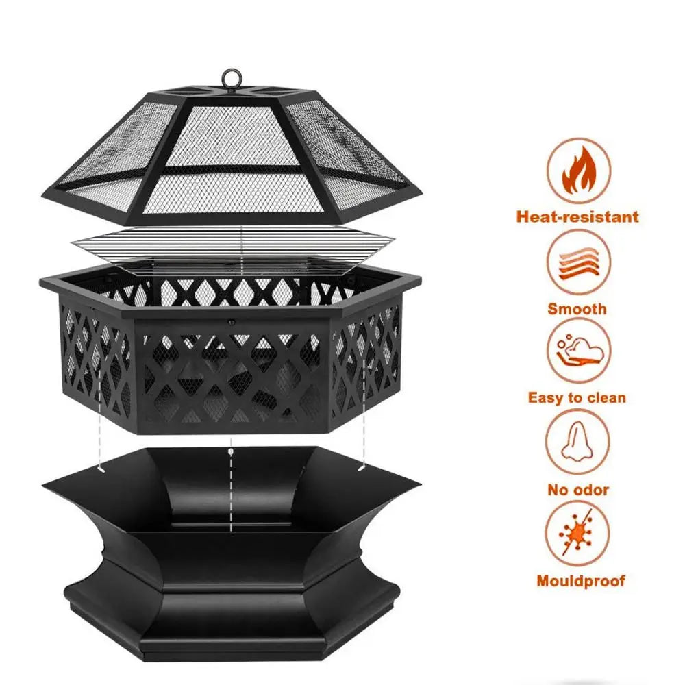 Fire Pit for Garden & Patio, Hexagonal Steel Heater/Burner for Wood&Charcoal, W/ BBQ Grill, Spark Guard, Poker&Protective Cover