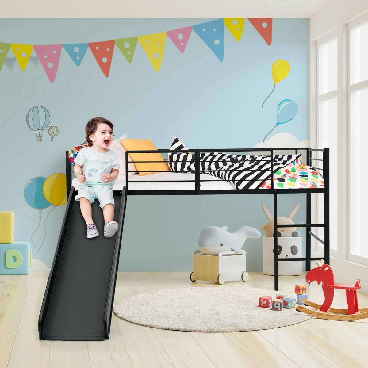 Sliding Loft Children Single Bed with Stairs and Safety Guardrails