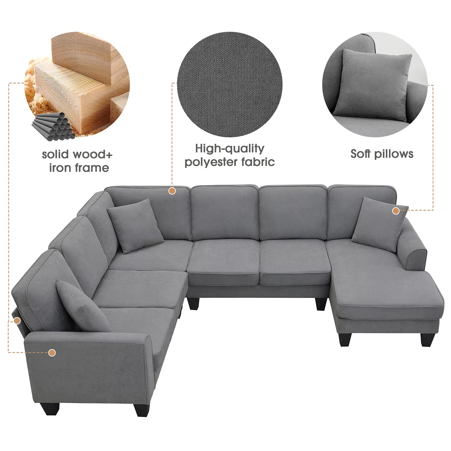 Modular Sectional Sofa with Storage Ottoman Couch L Shape Corner Sofa Sets 7 Seats Fabric Couch for Living Room, Grey,112 * 87 Inch