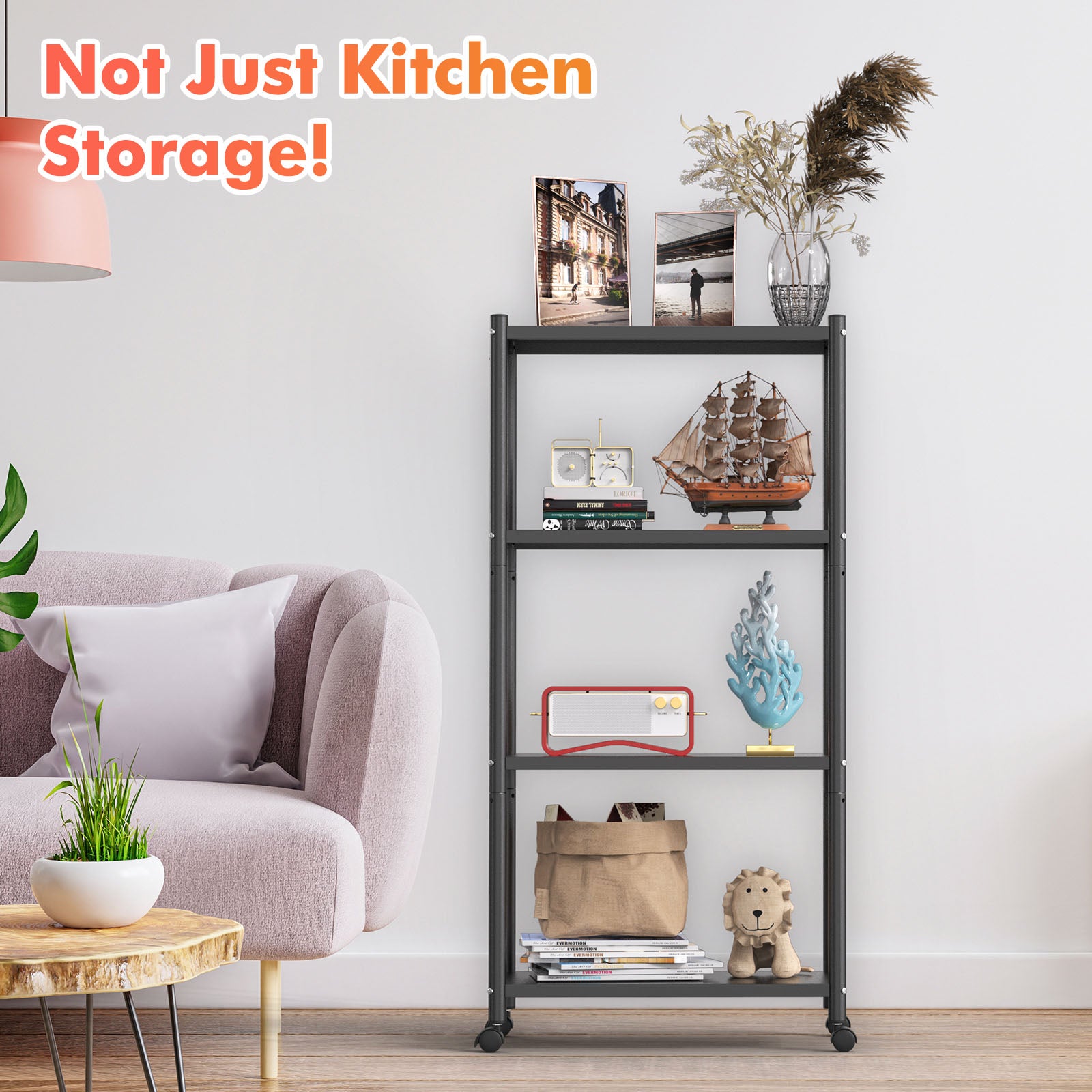 Ambitelligence Kitchen Bakers Rack, Heavy Duty Bakers Rack 4-Tier Free Standing Kitchen Storage Shelf Rack Hight Adjustable with Wheels & Feet, Industrial Metal Microwave Oven Stand Black