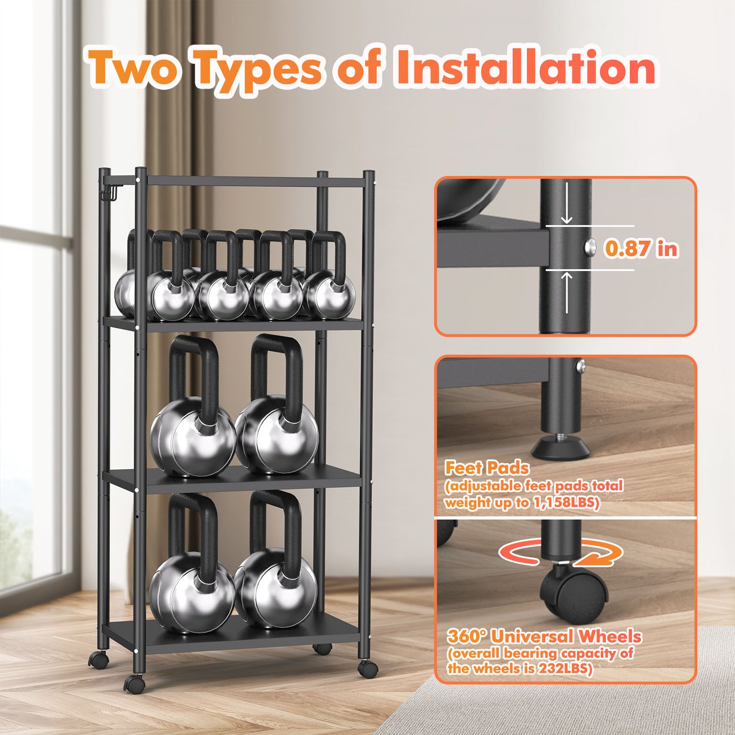 Ambitelligence Kitchen Bakers Rack, Heavy Duty Bakers Rack 4-Tier Free Standing Kitchen Storage Shelf Rack Hight Adjustable with Wheels & Feet, Industrial Metal Microwave Oven Stand Black