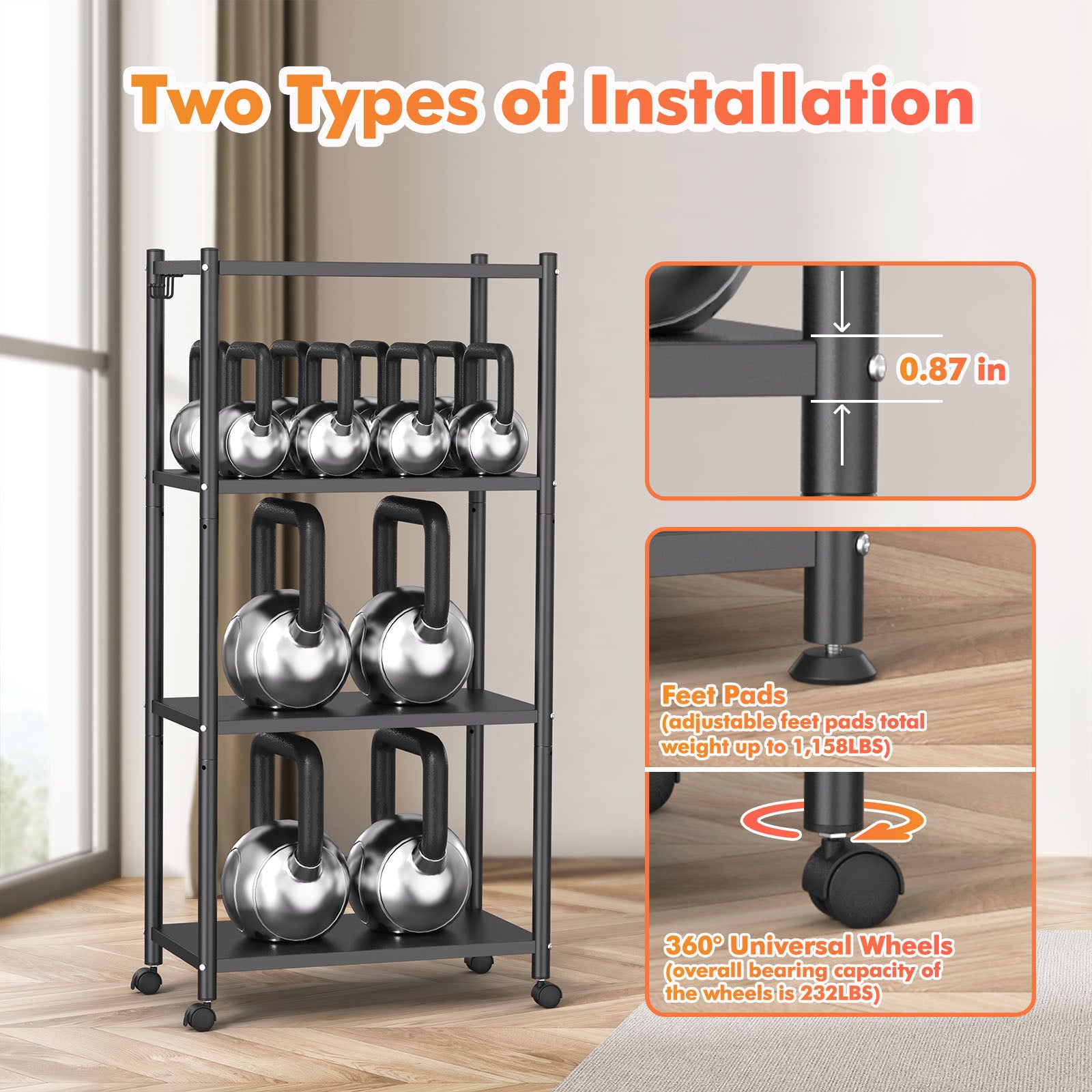 Ambitelligence Kitchen Bakers Rack, Heavy Duty Bakers Rack 4-Tier Free Standing Kitchen Storage Shelf Rack Hight Adjustable with Wheels & Feet, Industrial Metal Microwave Oven Stand Black
