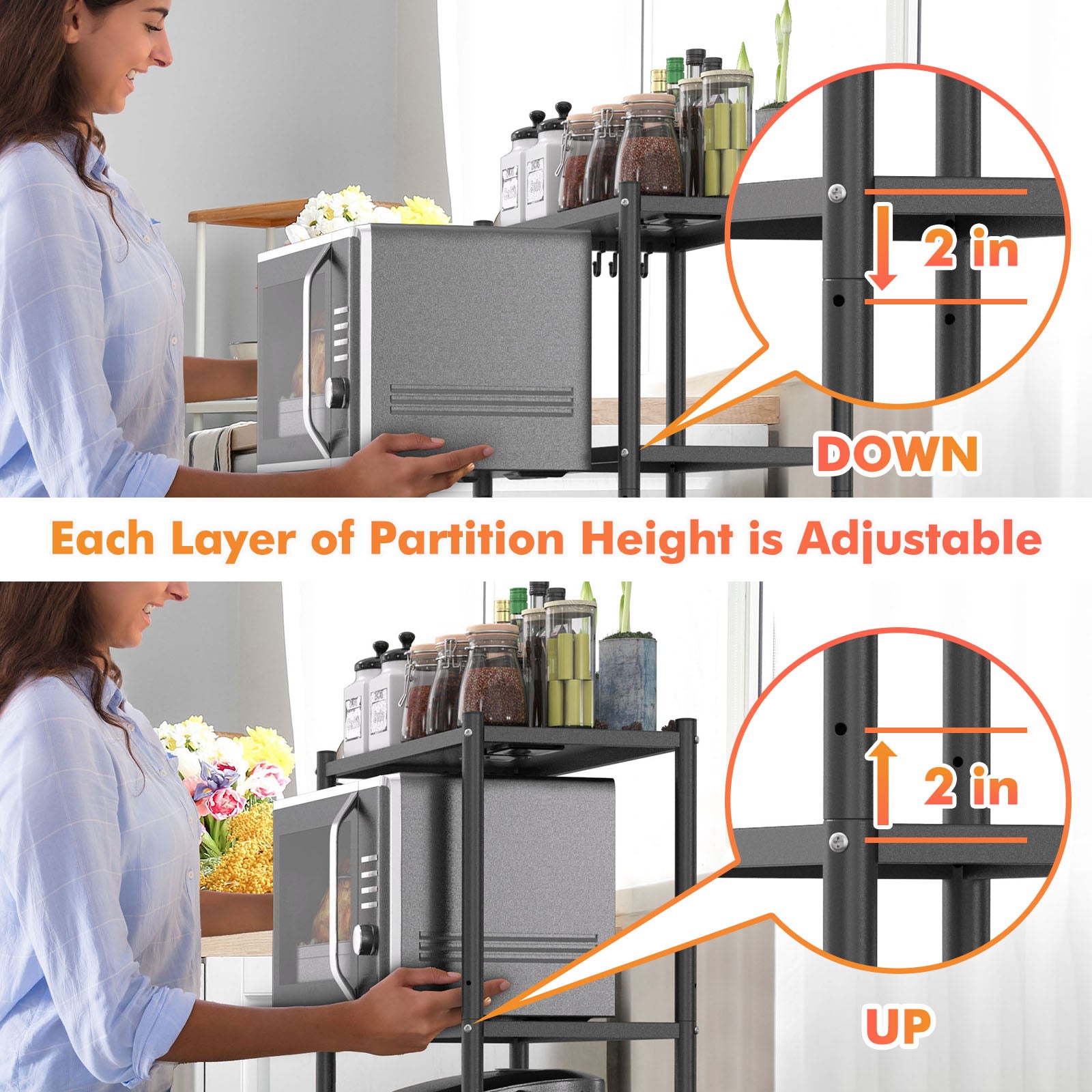 Ambitelligence Kitchen Bakers Rack, Heavy Duty Bakers Rack 4-Tier Free Standing Kitchen Storage Shelf Rack Hight Adjustable with Wheels & Feet, Industrial Metal Microwave Oven Stand Black
