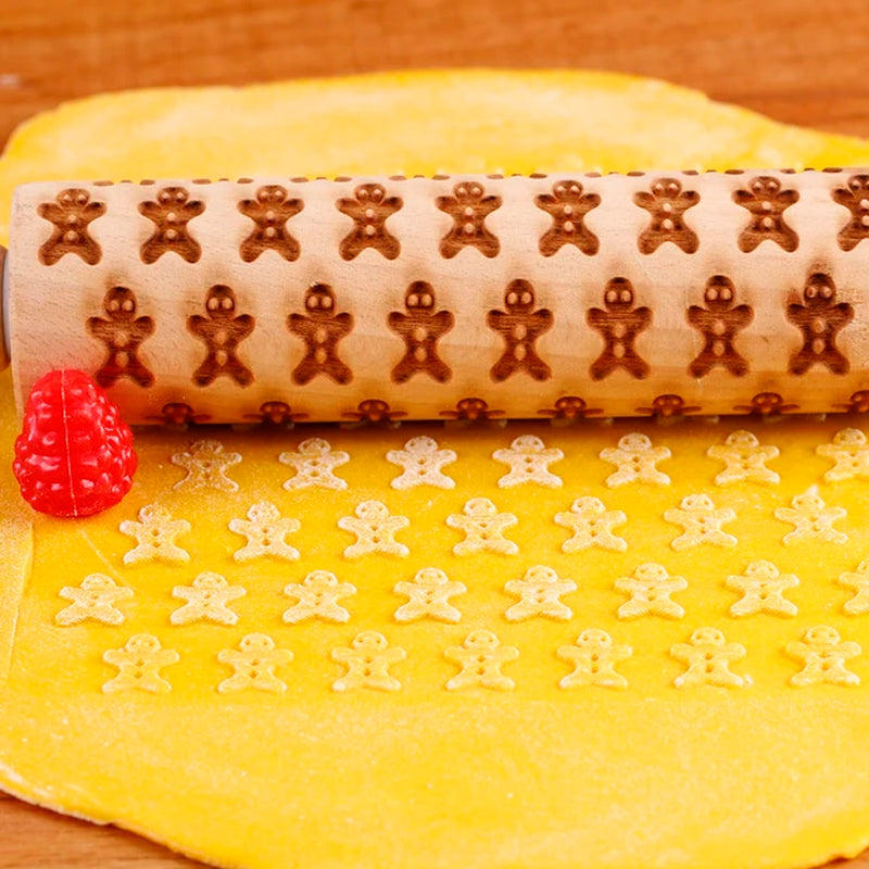 1Pc 13.7In Wooden Christmas Embossed Rolling Pin for Pastry Baking Tools,Santa Claus Elk Boots Deep Engraving Cookies Stamp Tool