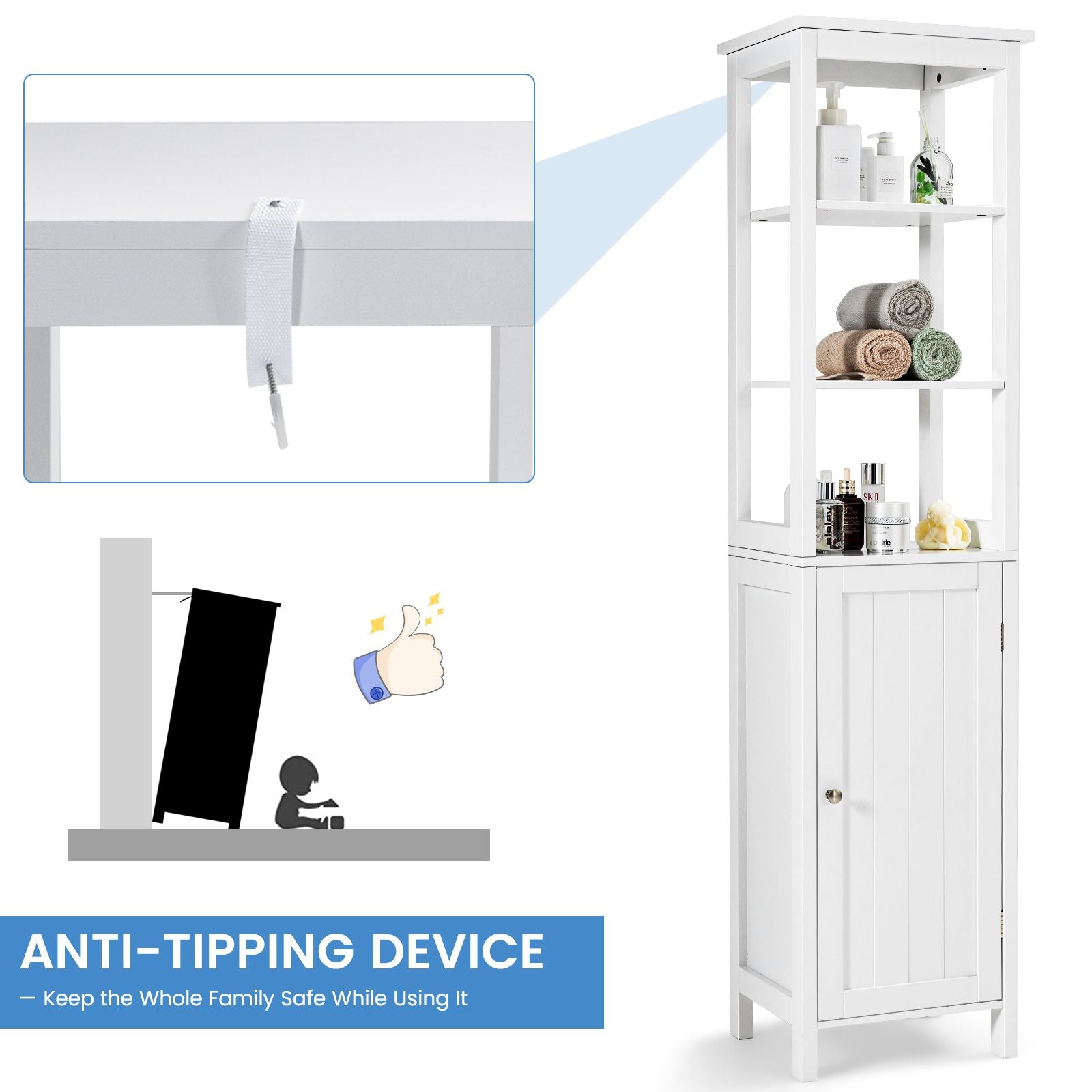 Freestanding Floor Cabinet with 3-Position Middle Panel and Anti-Toppling Mechanism
