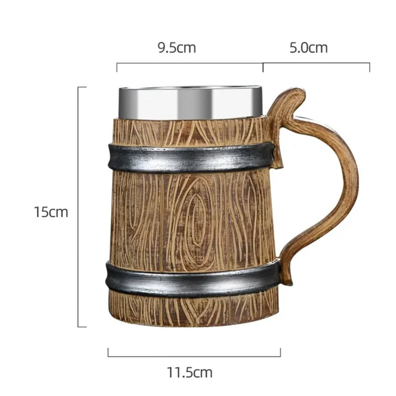 2023 Viking Wood Style Beer Mug 3D Resin Stainless Steel Coffee Cup Wine Glass Metal Double Wall Mug Beer Jug Cup Thermal