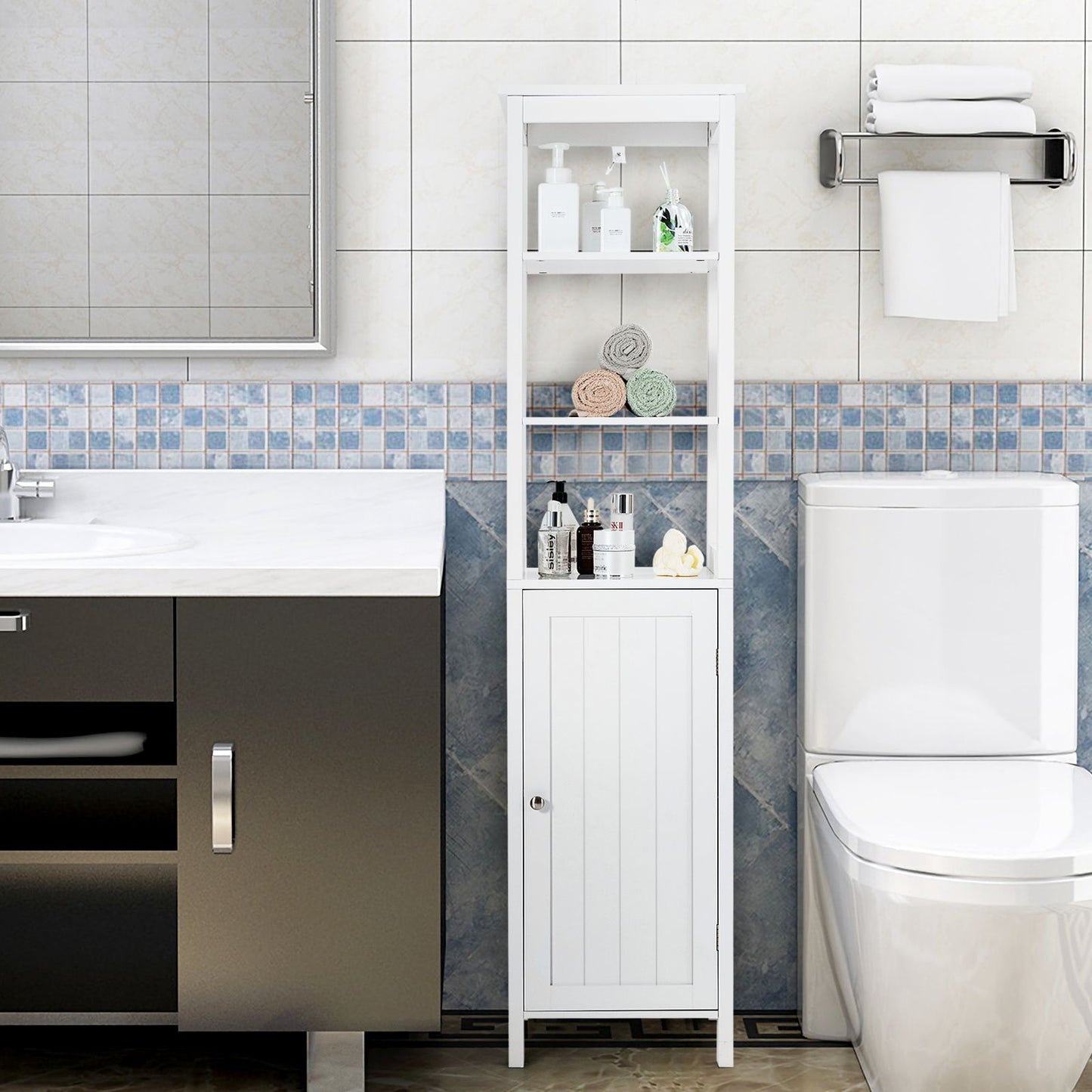 Freestanding Floor Cabinet with 3-Position Middle Panel and Anti-Toppling Mechanism