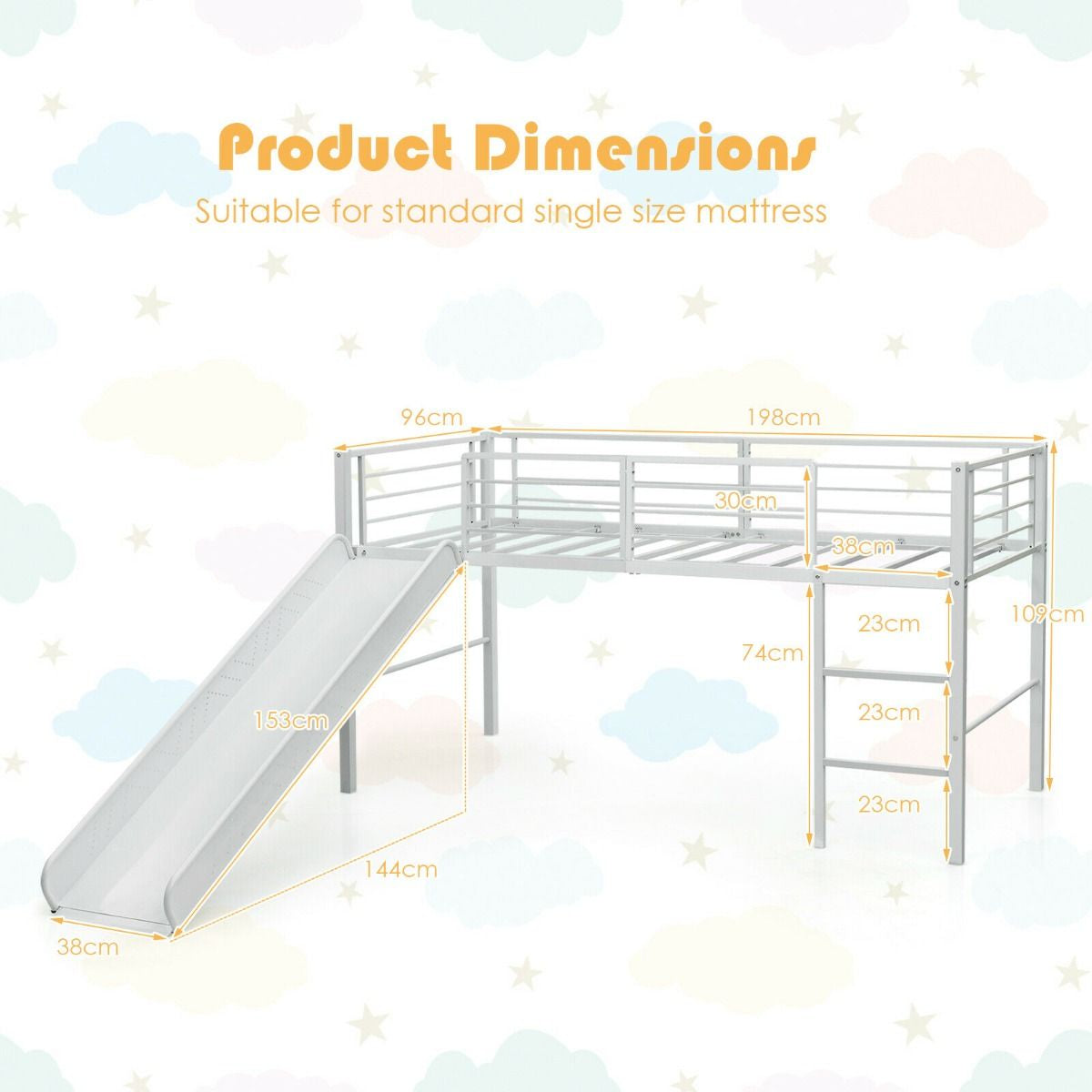 Sliding Loft Children Single Bed with Stairs and Safety Guardrails