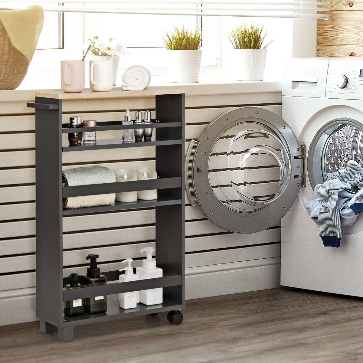 4-Tier Slim Rolling Storage Trolley with Handle and Adjustable Shelf