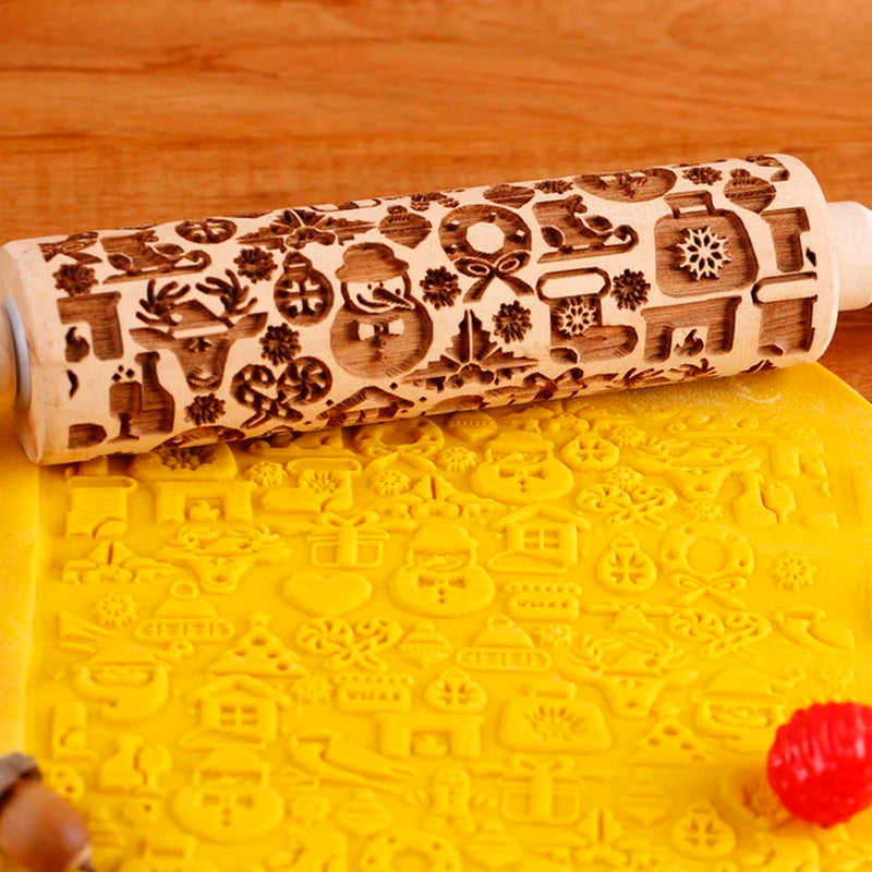 1Pc 13.7In Wooden Christmas Embossed Rolling Pin for Pastry Baking Tools,Santa Claus Elk Boots Deep Engraving Cookies Stamp Tool