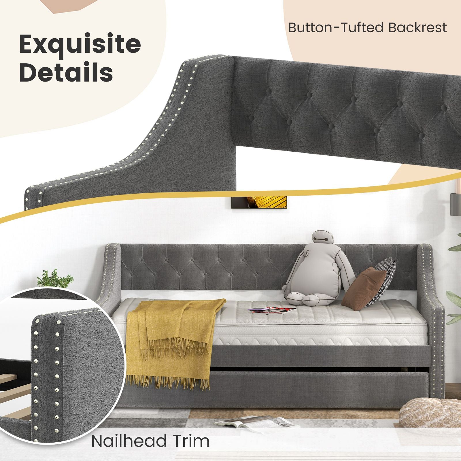 Single Size Trundle Bed Linen Upholstered Daybed with Backrest