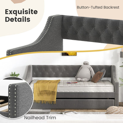 Single Size Trundle Bed Linen Upholstered Daybed with Backrest