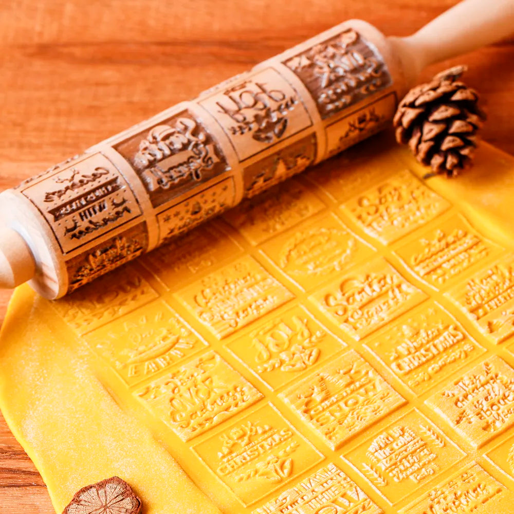 1Pc 13.7In Wooden Christmas Embossed Rolling Pin for Pastry Baking Tools,Santa Claus Elk Boots Deep Engraving Cookies Stamp Tool