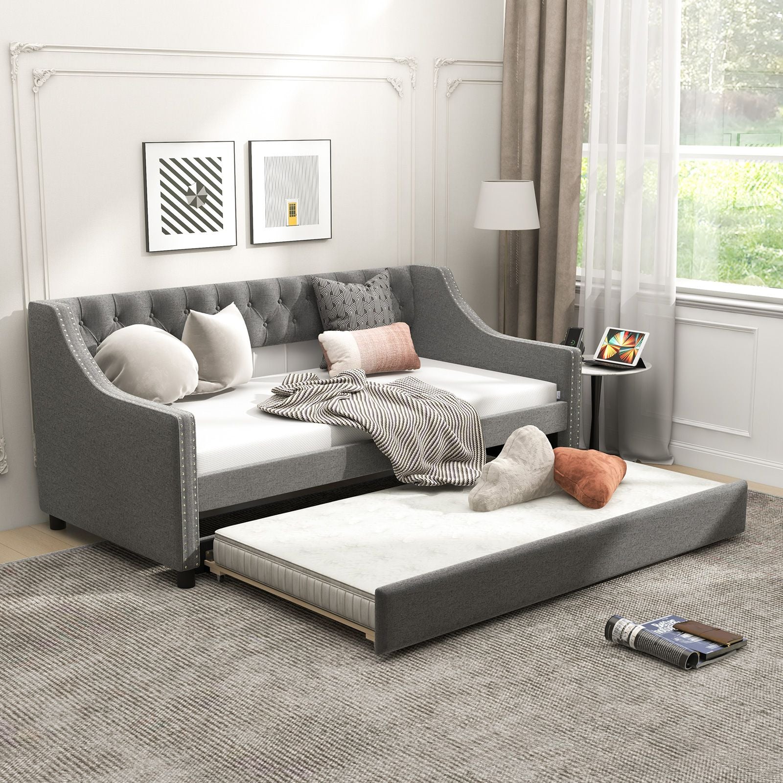 Single Size Trundle Bed Linen Upholstered Daybed with Backrest