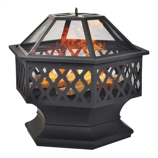 Fire Pit for Garden & Patio, Hexagonal Steel Heater/Burner for Wood&Charcoal, W/ BBQ Grill, Spark Guard, Poker&Protective Cover