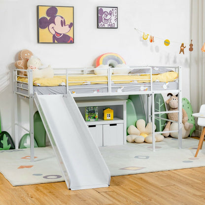 Sliding Loft Children Single Bed with Stairs and Safety Guardrails