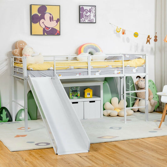Sliding Loft Children Single Bed with Stairs and Safety Guardrails