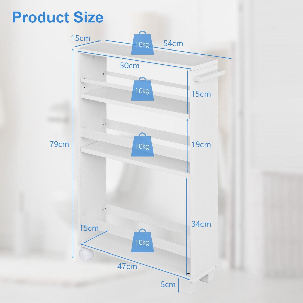 4-Tier Slim Rolling Storage Trolley with Handle and Adjustable Shelf