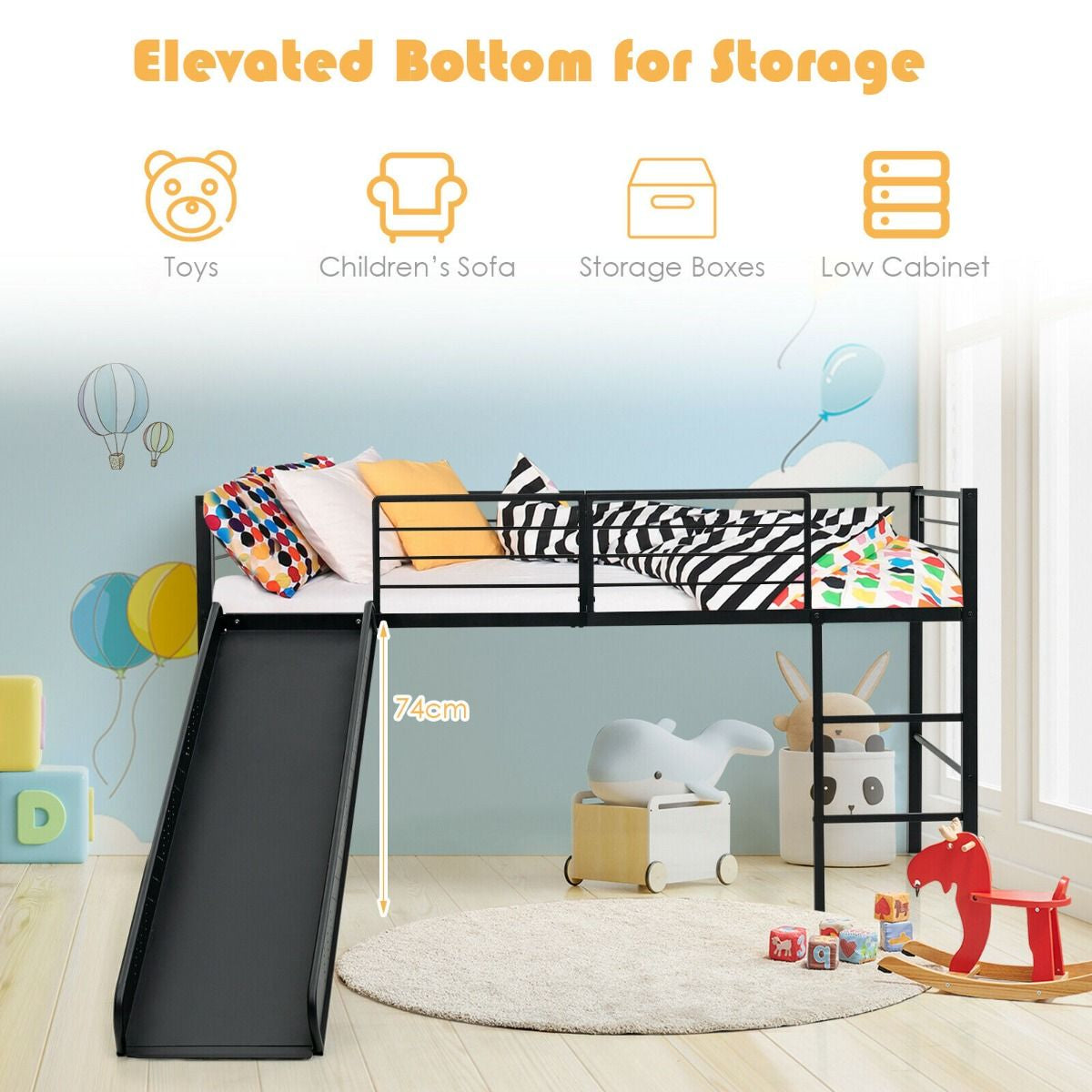 Sliding Loft Children Single Bed with Stairs and Safety Guardrails