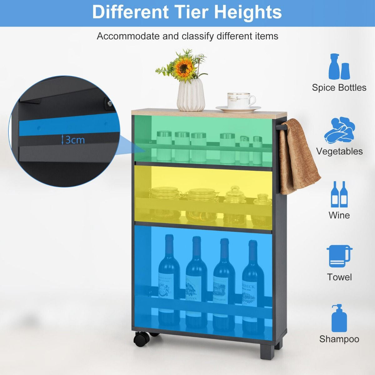 4-Tier Slim Rolling Storage Trolley with Handle and Adjustable Shelf