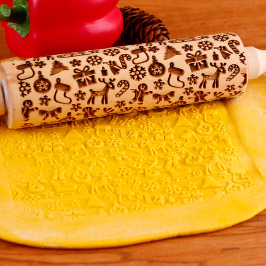 1Pc 13.7In Wooden Christmas Embossed Rolling Pin for Pastry Baking Tools,Santa Claus Elk Boots Deep Engraving Cookies Stamp Tool