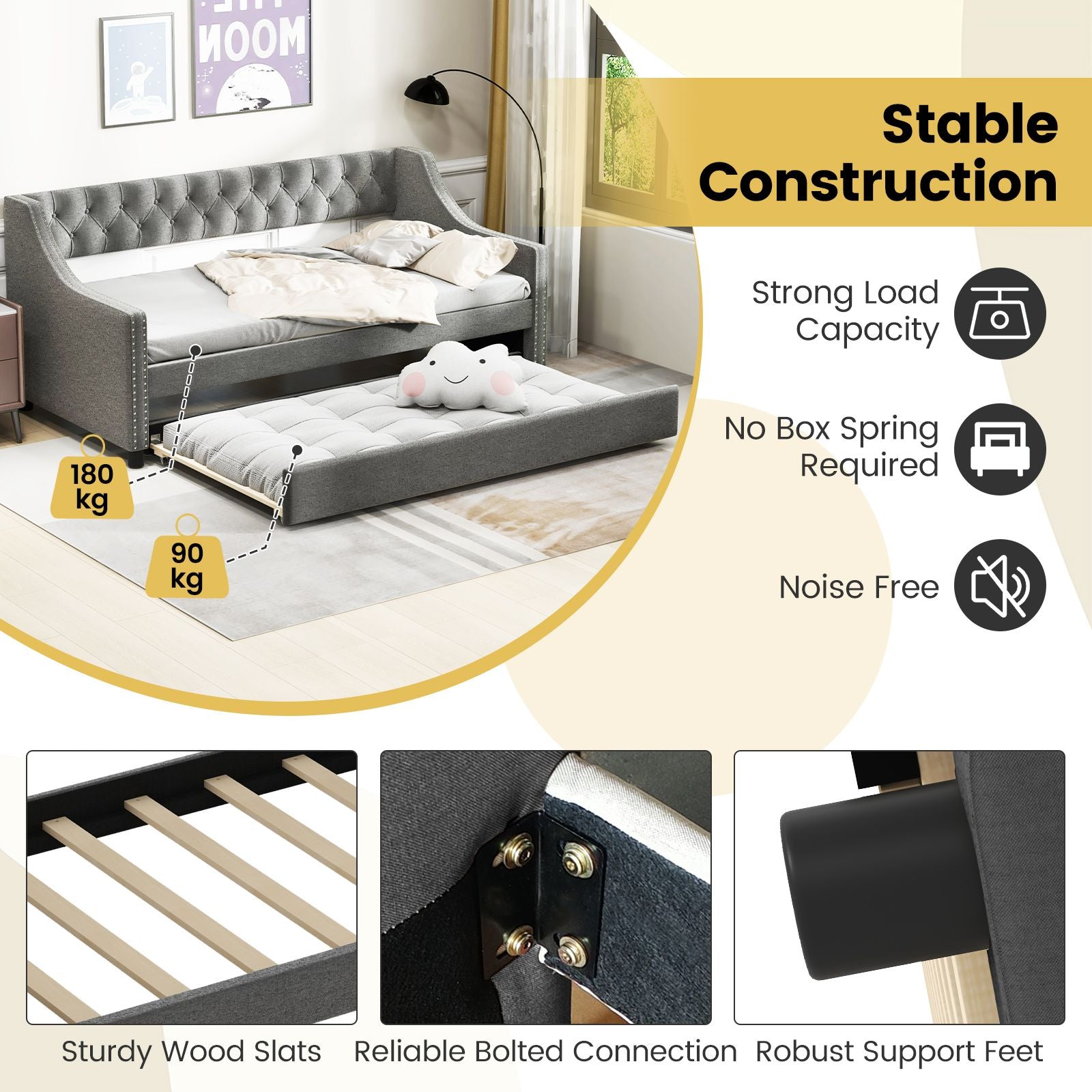 Single Size Trundle Bed Linen Upholstered Daybed with Backrest