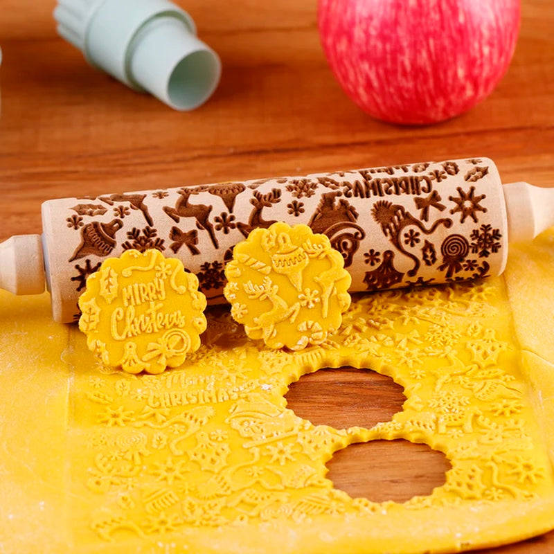 1Pc 13.7In Wooden Christmas Embossed Rolling Pin for Pastry Baking Tools,Santa Claus Elk Boots Deep Engraving Cookies Stamp Tool