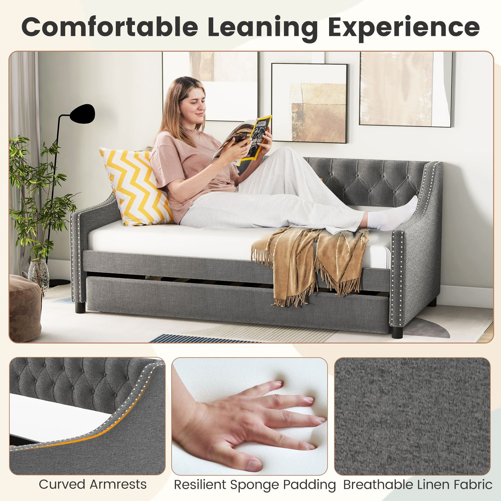 Single Size Trundle Bed Linen Upholstered Daybed with Backrest