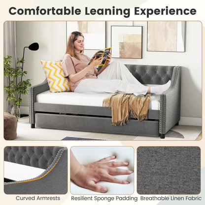 Single Size Trundle Bed Linen Upholstered Daybed with Backrest