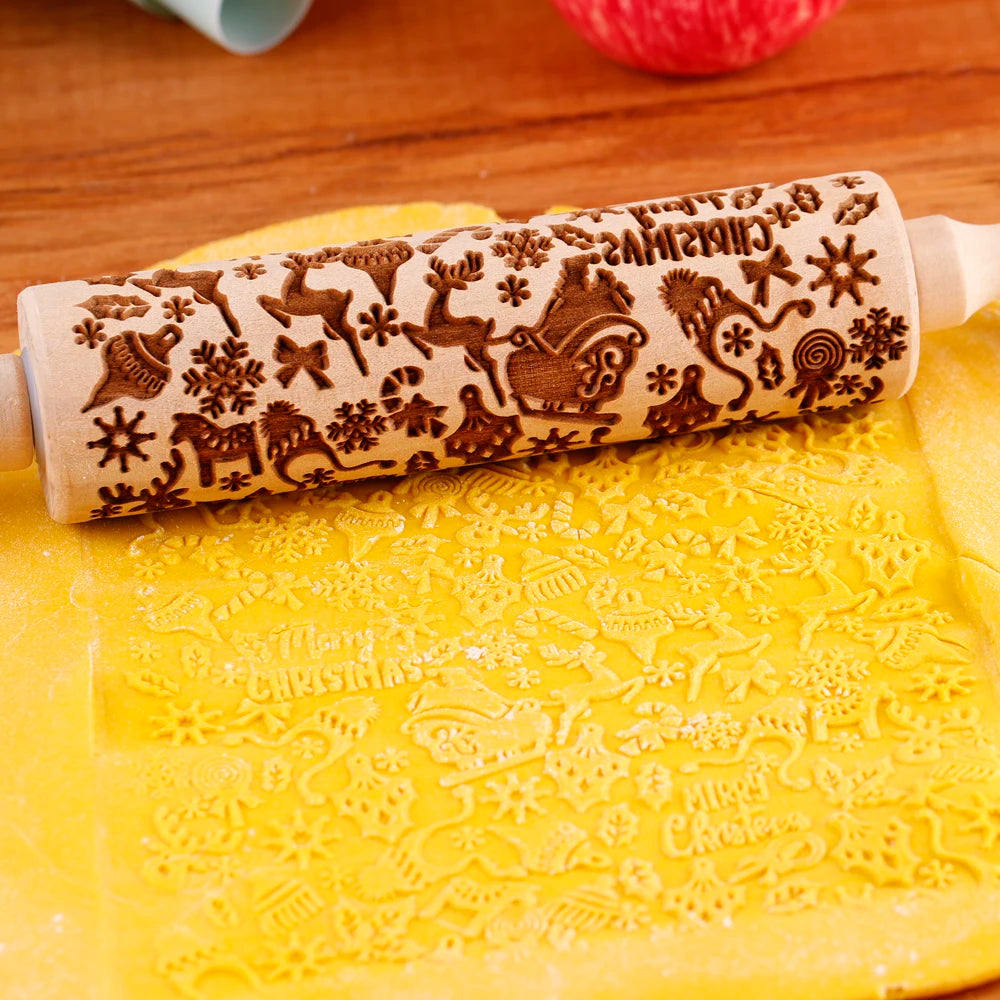 1Pc 13.7In Wooden Christmas Embossed Rolling Pin for Pastry Baking Tools,Santa Claus Elk Boots Deep Engraving Cookies Stamp Tool