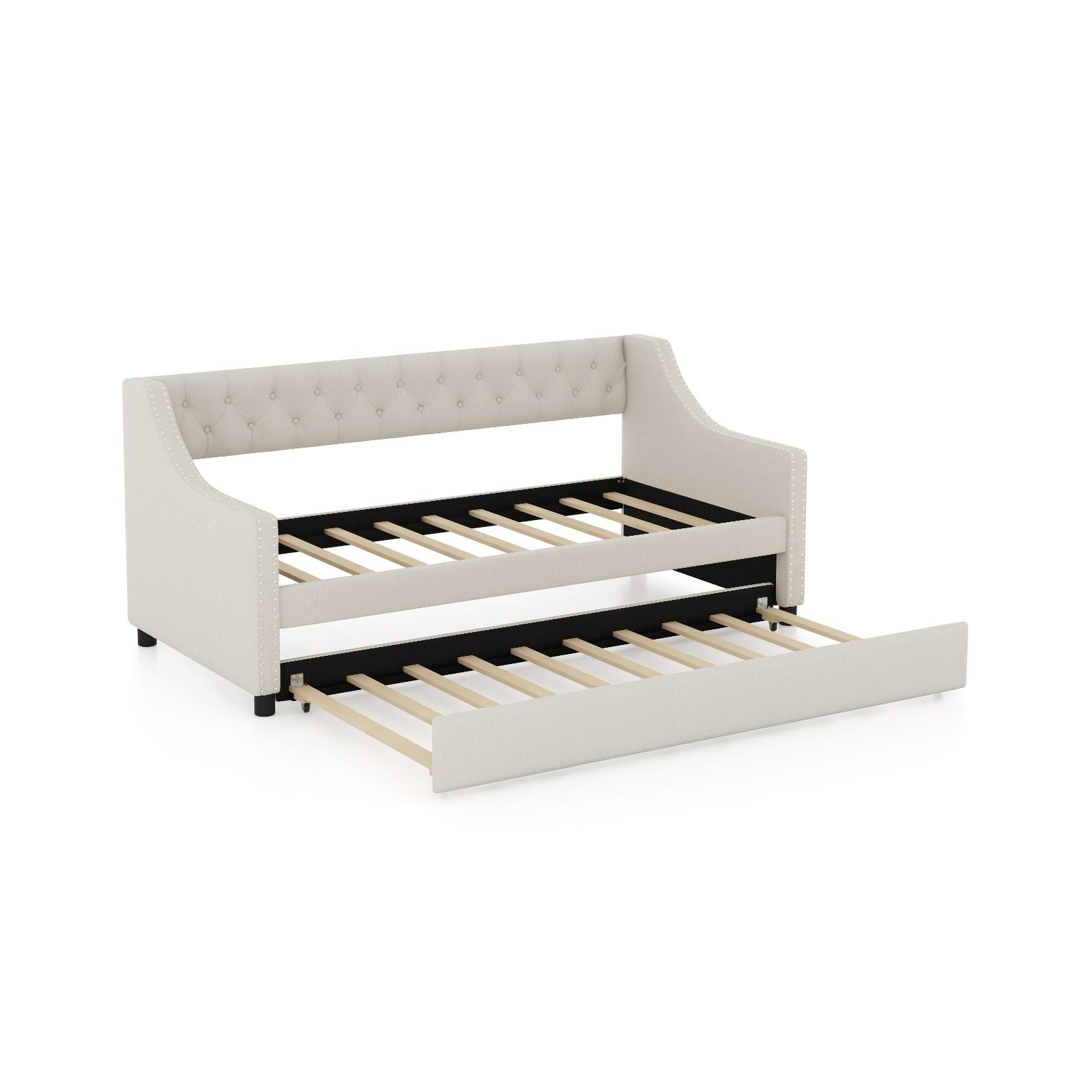 Single Size Trundle Bed Linen Upholstered Daybed with Backrest