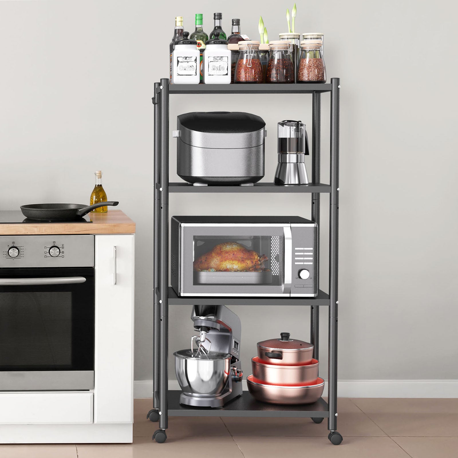 Ambitelligence Kitchen Bakers Rack, Heavy Duty Bakers Rack 4-Tier Free Standing Kitchen Storage Shelf Rack Hight Adjustable with Wheels & Feet, Industrial Metal Microwave Oven Stand Black