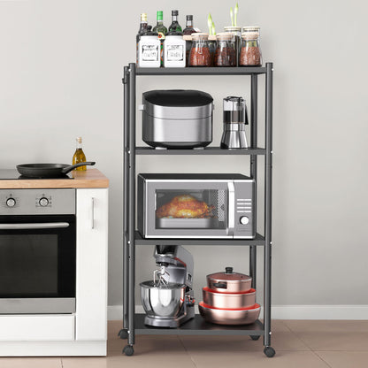 Ambitelligence Kitchen Bakers Rack, Heavy Duty Bakers Rack 4-Tier Free Standing Kitchen Storage Shelf Rack Hight Adjustable with Wheels & Feet, Industrial Metal Microwave Oven Stand Black