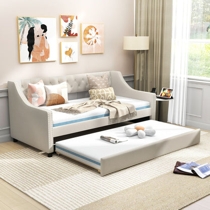 Single Size Trundle Bed Linen Upholstered Daybed with Backrest