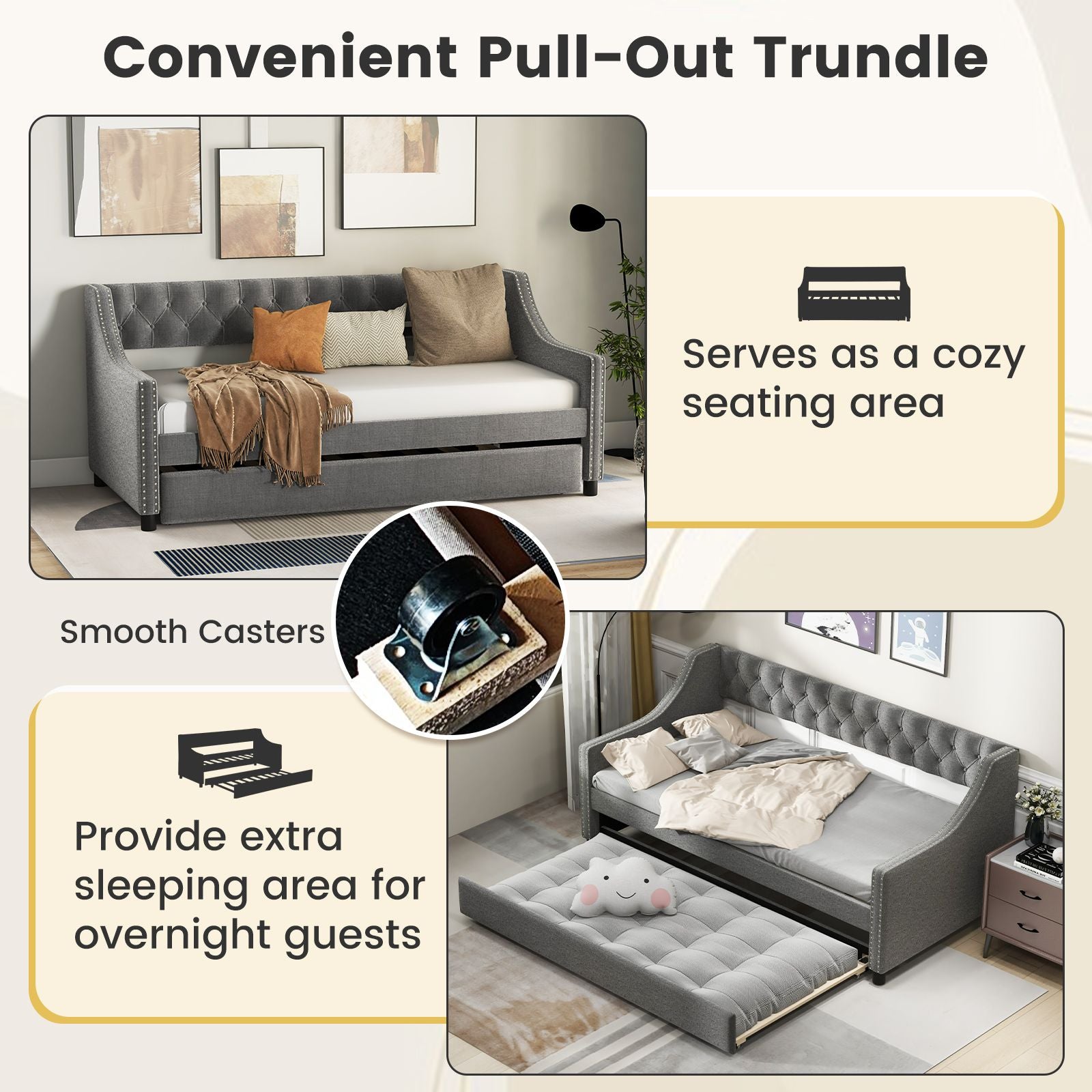 Single Size Trundle Bed Linen Upholstered Daybed with Backrest
