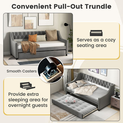 Single Size Trundle Bed Linen Upholstered Daybed with Backrest