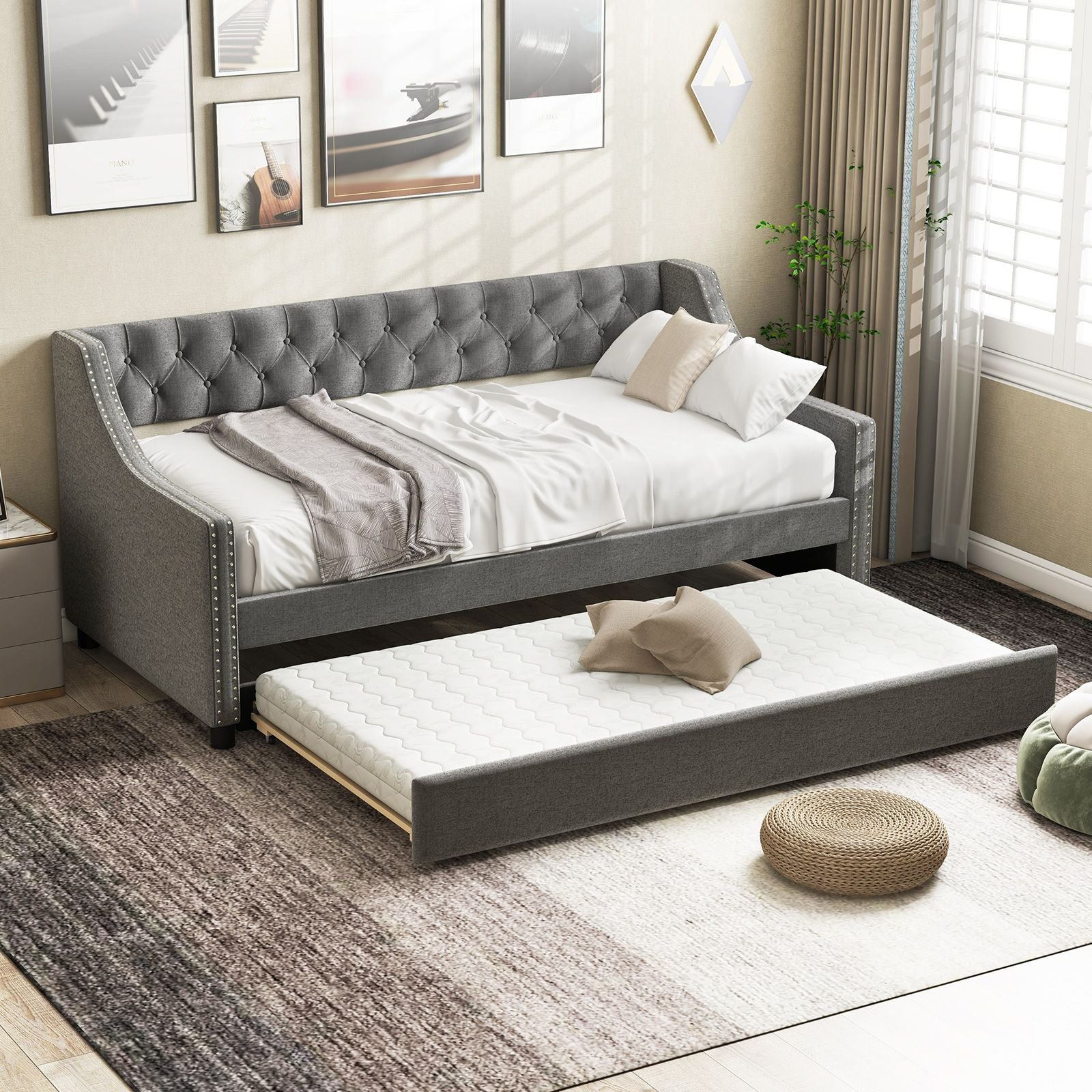 Single Size Trundle Bed Linen Upholstered Daybed with Backrest
