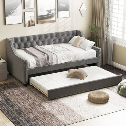 Single Size Trundle Bed Linen Upholstered Daybed with Backrest