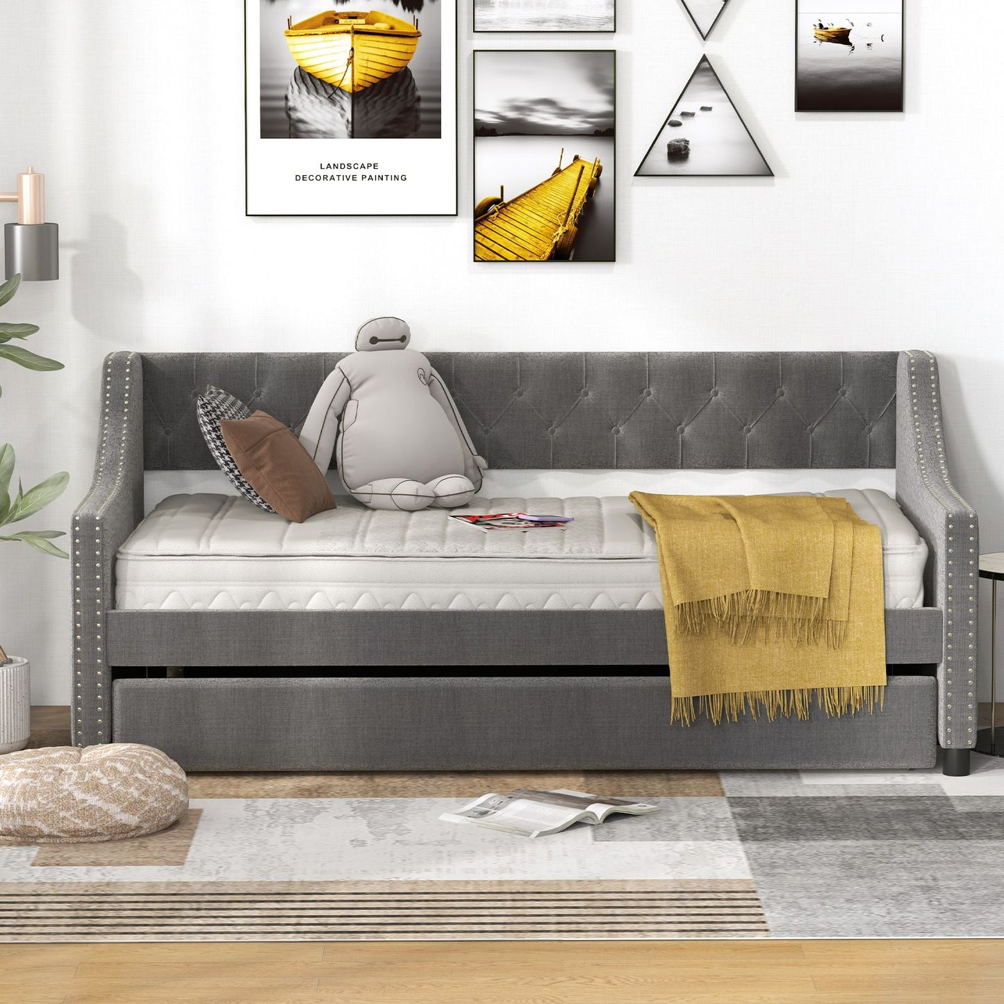 Single Size Trundle Bed Linen Upholstered Daybed with Backrest