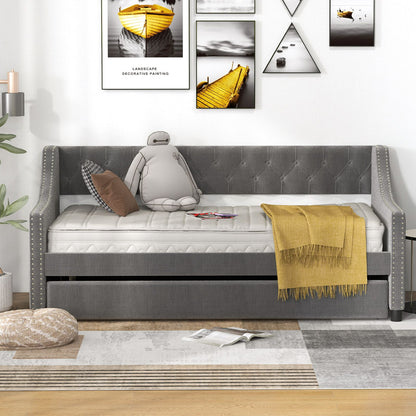 Single Size Trundle Bed Linen Upholstered Daybed with Backrest