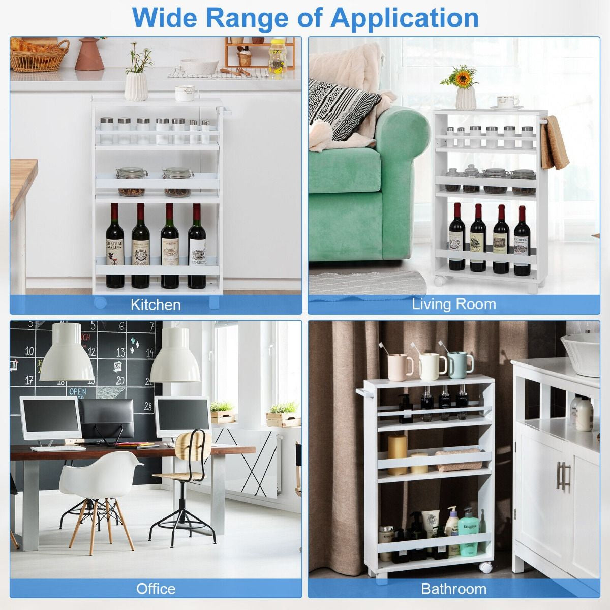 4-Tier Slim Rolling Storage Trolley with Handle and Adjustable Shelf