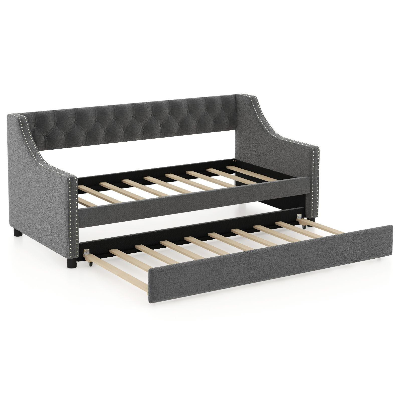 Single Size Trundle Bed Linen Upholstered Daybed with Backrest