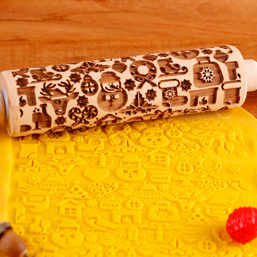 1Pc 13.7In Wooden Christmas Embossed Rolling Pin for Pastry Baking Tools,Santa Claus Elk Boots Deep Engraving Cookies Stamp Tool