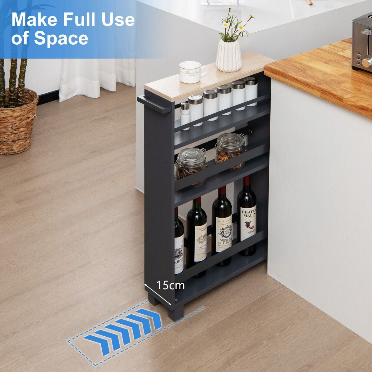 4-Tier Slim Rolling Storage Trolley with Handle and Adjustable Shelf