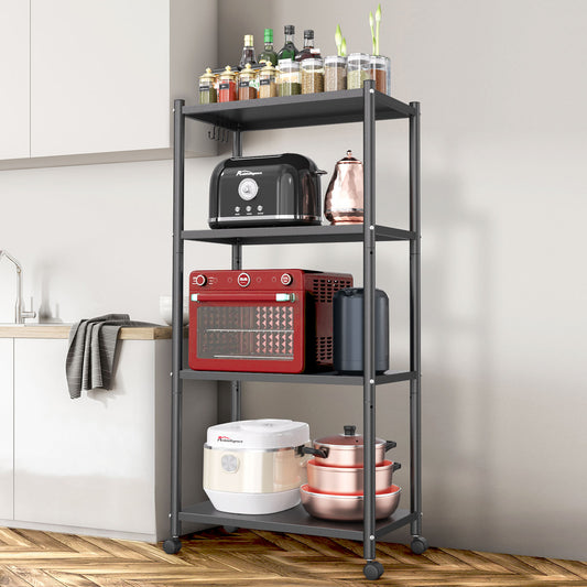 Ambitelligence Kitchen Bakers Rack, Heavy Duty Bakers Rack 4-Tier Free Standing Kitchen Storage Shelf Rack Hight Adjustable with Wheels & Feet, Industrial Metal Microwave Oven Stand Black