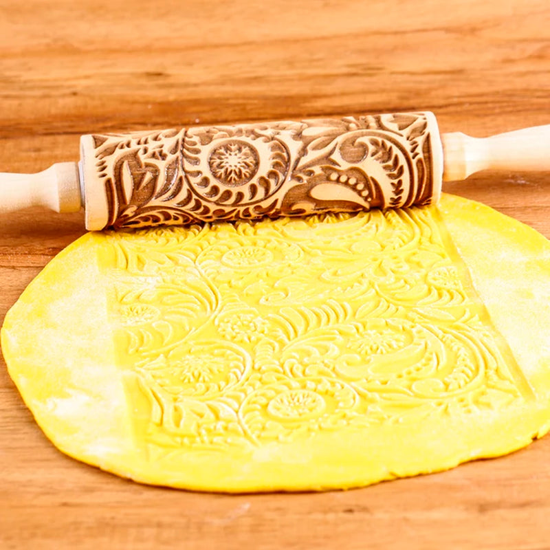 1Pc 13.7In Wooden Christmas Embossed Rolling Pin for Pastry Baking Tools,Santa Claus Elk Boots Deep Engraving Cookies Stamp Tool