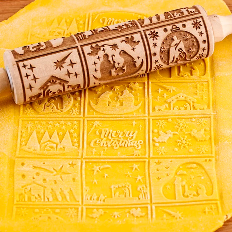 1Pc 13.7In Wooden Christmas Embossed Rolling Pin for Pastry Baking Tools,Santa Claus Elk Boots Deep Engraving Cookies Stamp Tool