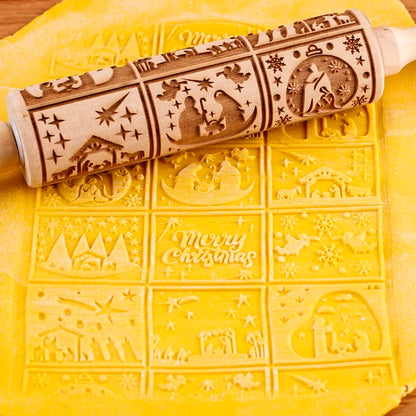 1Pc 13.7In Wooden Christmas Embossed Rolling Pin for Pastry Baking Tools,Santa Claus Elk Boots Deep Engraving Cookies Stamp Tool